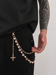 1 件时尚彩色心形水晶十字架吊坠腰链，适合男士，适合日常佩戴、派对、毕业典礼、生日礼物、口袋链