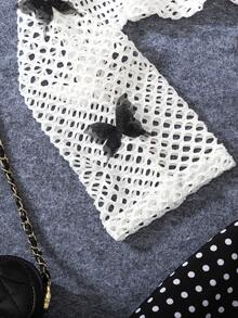 2 件套女孩夏季时尚服装，白色菱形网眼披肩搭配 3D 蝴蝶袖 + 黑色波尔卡圆点吊带裙，时尚休闲套装，适合日常穿着 - 黑色 - 查看 6