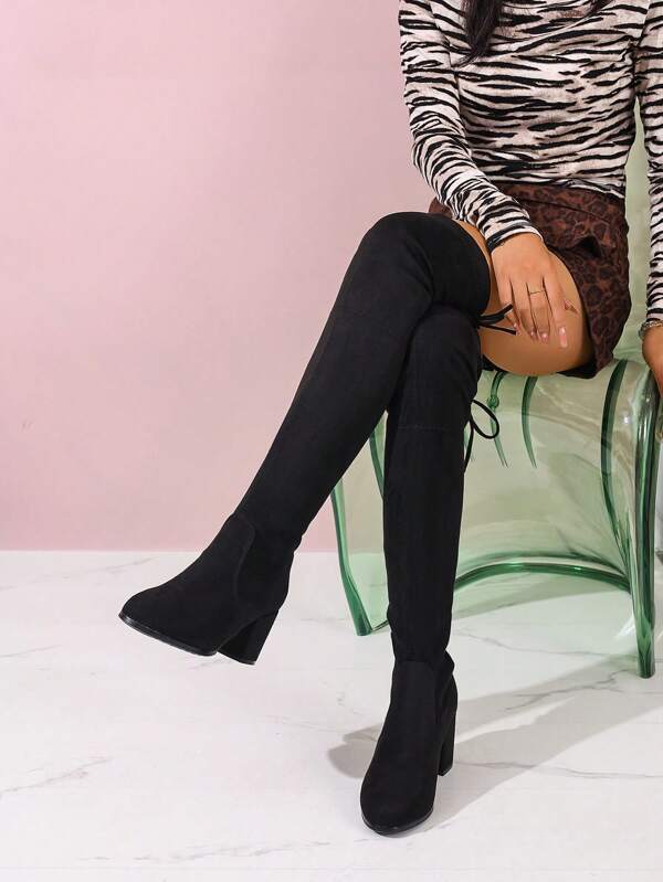 Women's Fashion Boots For Autumn/Winter, Thick High Heel Over-The-Knee Boots, Black Round Toe Elastic Thigh High Boots, Comfortable Versatile Lace-Up Boots For Home Wear