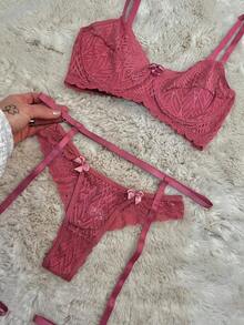Sexy Lace Lingerie Set Kit With Bow Includes Simple Garter Belt Classic Sexy Lace Embroidery Sensual Sets - Bụi hồng - Xem 3