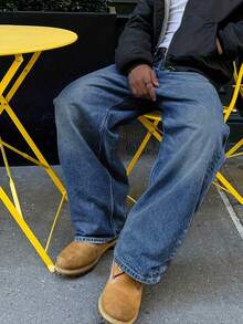 男士水洗宽松直筒牛仔裤 - 中等水洗藍 - 查看 2