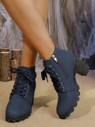 复古时尚新款女靴，春秋冬系带踝靴，厚底切尔西靴，