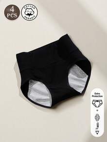 4 Peças Calcinhas de Cintura Alta de Algodão para Mulheres - Cor Sólida, Calcinha de Cobertura Total com Alta Elasticidade, À Prova de Vazamentos, Entreperna Extra Larga e Longa para Período Menstrual, XS-XXL