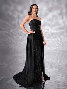 YISIKADO Pailletten-Kontrastkleid aus Satinstoff, trägerlos, mit Beinschlitz, Partykleid für Damen, Geburtstag, Abschlussball, Hochzeitsgast - Schwarz - Übersicht 4