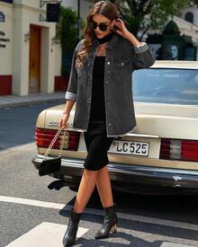 Chaqueta de jean con botones, dobladillo deshilachado, mangas largas y bolsillos para mujer, de talla grande - Gris ahumado - Ver 8