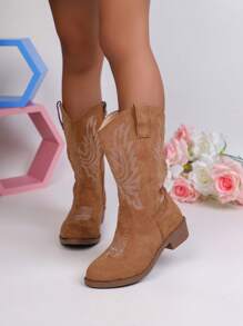 Autumn/Winter New Kids Boots, Embroidered Fashion Western Cowboy Boots, Pointed Toe Chunky Heel Lightweight Stylish Ankle Boots, Suitable For Girls To Attend Parties And Outings
