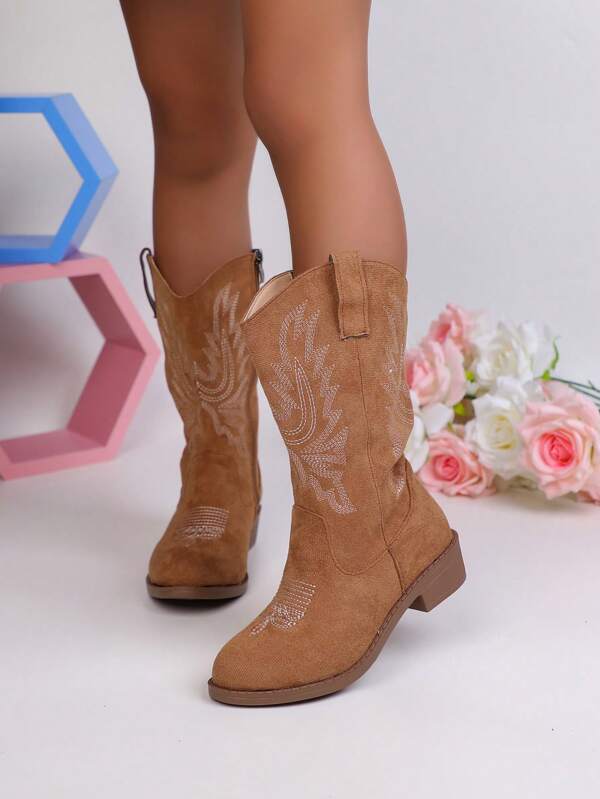 Autumn/Winter New Kids Boots, Embroidered Fashion Western Cowboy Boots, Pointed Toe Chunky Heel Lightweight Stylish Ankle Boots, Suitable For Girls To Attend Parties And Outings