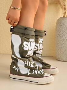 Giày bốt nữ cổ thấp đế dày mũi tròn màu xám cho mùa Thu/Đông, bốt vải bố thường ngày cho mùa Xuân & Thu, bốt dành cho nữ. - màu xanh lá - Xem 6