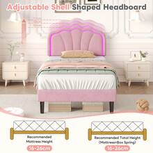 Flieks 3ft Single Upholstered Bed With LED Adjustable Shell Shape Headboard, Soft Velvet Bed Frame With Solid Wood Slat, No Box Spring Needed, Easy Assembly (No Mattress) - Pink - View 7