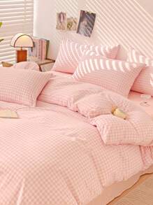 3pcs Pastel Plaid Print Duvet Cover Set, Suitable For Girls & Students, Fresh & Petite, Super Soft & Cute, All Season, Microfiber Duvet Cover Bedding Set, Polyester, Fits Twin/Full/Queen Size Bed - Baby Pink - View 6