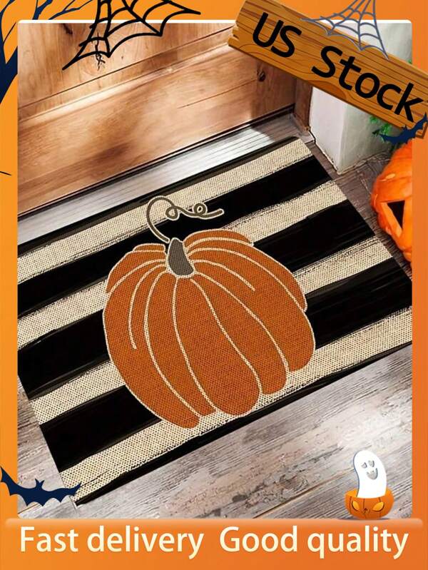 1pc Watercolor Striped Pumpkin Design Doormat, High Quality Pumpkin Doormat - Machine Washable, Suitable For Autumn, Thanksgiving, Halloween Decor, Indoor/Outdoor Use, Decorative Carpet, Bedroom Decor, Small Rug, Carpet, Home Decor, Living Room Carpet, Living Room Small Rug, Bedroom Carpet, Living Room Home Decor, Outdoor Rug, Washable Rug