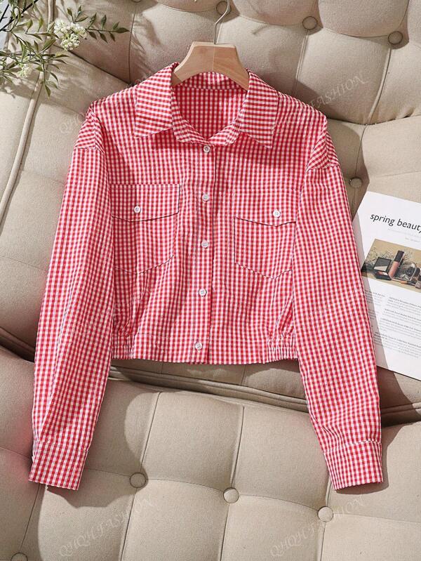 Women's Plaid Long Sleeve Shirt With Front Button Pockets, Suitable For Spring & Autumn