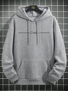 Zrgoth 男士休闲街头风花卉字体标语“感恩”极简印花抓绒连帽衫，秋冬款 - 灰色 - 查看 6