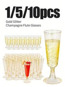 1/5/10pcs Reusable Champagne Flutes, Gold Glitter Plastic Champagne Glasses, Cocktail Cups, Wedding Toasting Flutes, Party Bar Cocktail Glasses, Bulk Gold Plastic Cups, Elegant Party Beverage Cups, For Party, Wedding And Large Events Back To School Season - Multicolor - View 1