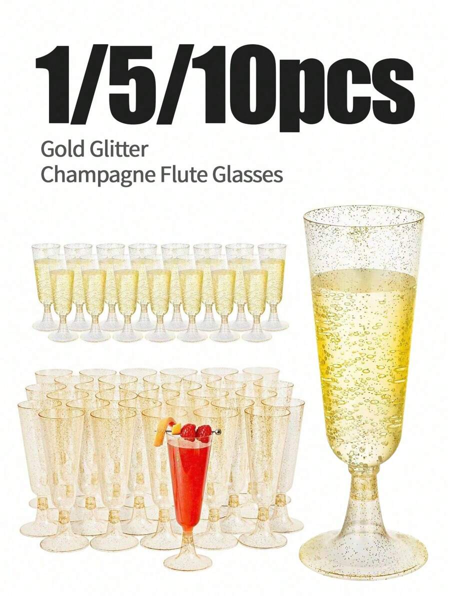1/5/10pcs Reusable Champagne Flutes, Gold Glitter Plastic Champagne Glasses, Cocktail Cups, Wedding Toasting Flutes, Party Bar Cocktail Glasses, Bulk Gold Plastic Cups, Elegant Party Beverage Cups, For Party, Wedding And Large Events Back To School Season - Multicolor - View 1