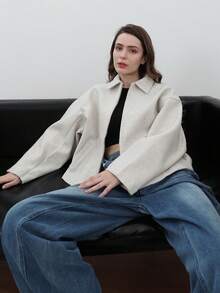 HH 女士秋季时尚复古翻领长袖外套，带口袋，女士休闲百搭长袖外套，白色 - 白色 - 查看 7