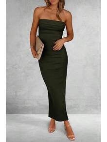 Women's Summer Bodycon Maxi Tube Dress Ribbed Strapless Side Slit Long Going Out Casual Elegant Party DressesHalloween Christmas New Year - 軍綠色 - 查看 6