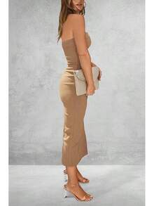 Women's Summer Bodycon Maxi Tube Dress Ribbed Strapless Side Slit Long Going Out Casual Elegant Party DressesHalloween Christmas New Year - 駝色 - 查看 2