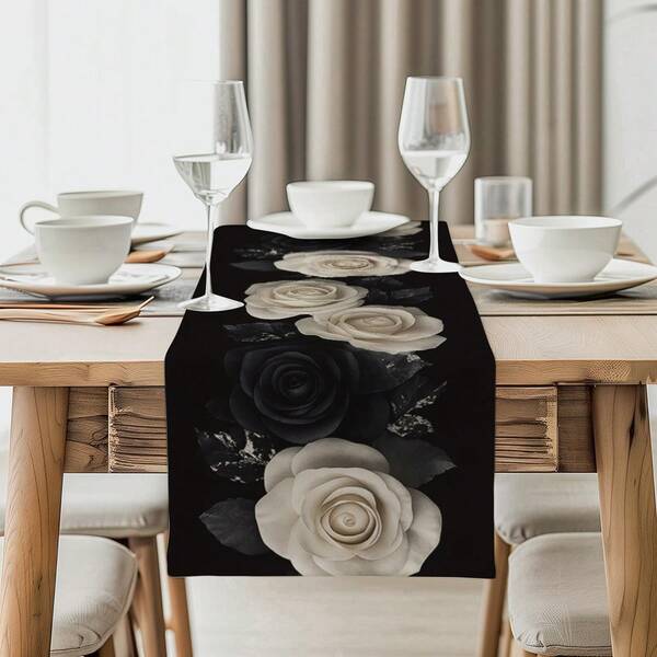 1/4pcs/10pcs Elegant Black & White Rose Patterned Table Runner & Placemats Set, Delicate Design On Dark Background, Home Decor, Gift, Table Linen For Indoor & Outdoor Celebrations, Seasonal Parties, Kitchen & Dining Room, Party Table Decoration