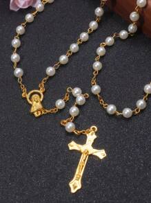 1pc Elegant Acrylic Pearl Cross Necklace, Rosary Prayer Beads Necklace For Peace And Health - Multicolor - View 4