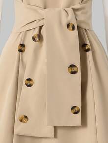 Casual Teen Girl Long Sleeve Dress, Spring/Autumn, Elegant & Comfortable, Khaki + White Splice With Belt - Khaki - View 3