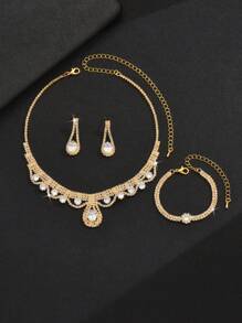 1pc Women's Necklace + 1 Pair Women's Earrings + 1pc Women's Bracelet 4-Piece Set, Big Crystal Necklace Jewelry Set, Suitable For Wedding, Daily Wear, Vacation, Photography, Halloween, Music Festival, Etc. - Silver - View 9