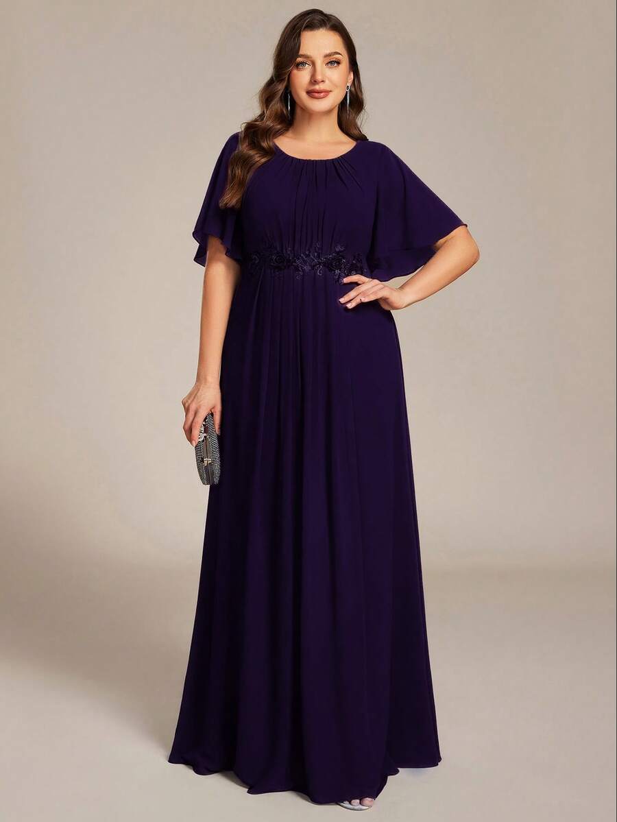 EVERPRETTY Plus Size Short Sleeve Chiffon Applique Long Bridesmaid Formal Dress Wedding Party Spring - Purple - View 1