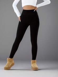 女士高腰保暖打底裤 - 弹力加厚，保暖舒适，适合冬季穿着，配有弹性腰带和口袋，休闲舒适 | 时尚冬季裤装 | 保暖打底裤 - 黑色 - 查看 5