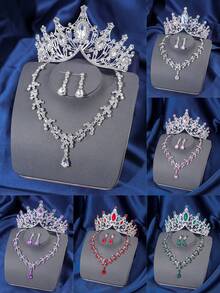 4pcs Elegant Rhinestone Queen Crown Necklace Earrings Set, Bridal Wedding Crown Hair Accessories, Women Party Occasion Jewelry Decoration Valentine's Day Accessories - HG057-TL150 - 查看 12