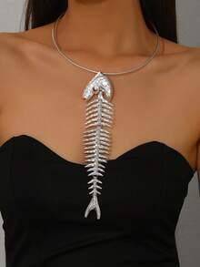 1 chiếc vòng cổ mặt đá quý thủy tinh khảm xương cá phóng đại, vòng cổ choker dự tiệc thời trang cao cấp, phụ kiện trang phục & quà tặng - Bạc - Xem 1