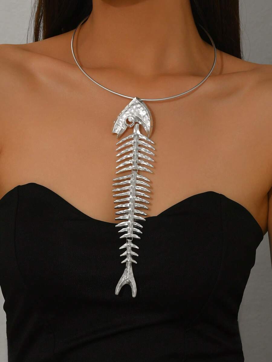 1 chiếc vòng cổ mặt đá quý thủy tinh khảm xương cá phóng đại, vòng cổ choker dự tiệc thời trang cao cấp, phụ kiện trang phục & quà tặng - Bạc - Xem 1