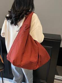 Fashionable Solid Color High-Capacity Multi-Pocket Shoulder Underarm Tote Bag - Red - View 3