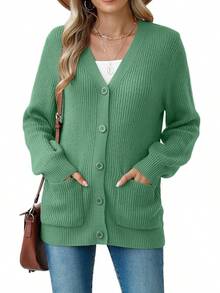 Women Chunky Knit Cardigan Sweater Long Sleeve Button Up Cardigan With Pocket Sweater Coat Fall And Winter, Fashionable Knitwear SLK8 - Xanh ngọc lục bảo - Xem 2