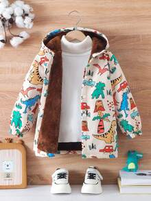 男童秋冬舒适涤纶面料保暖内衬恐龙印花连帽开衫夹克，趣味时尚印花，适合秋冬季，柔软舒适，适合外套、上学、聚会