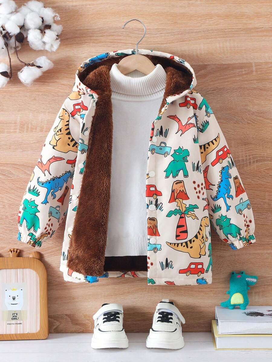 男童秋冬舒适涤纶面料保暖内衬恐龙印花连帽开衫夹克，趣味时尚印花，适合秋冬季，柔软舒适，适合外套、上学、聚会