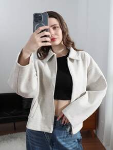 HH 女士秋季时尚复古翻领长袖外套，带口袋，女士休闲百搭长袖外套，白色 - 白色 - 查看 2