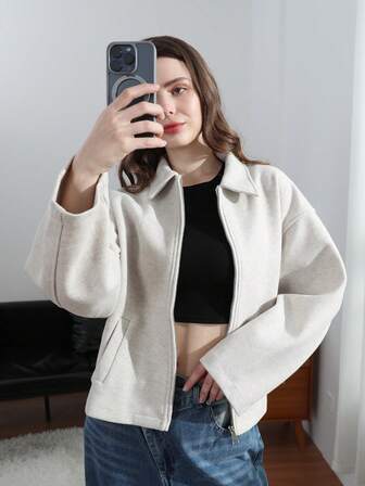 HH 女装秋季时尚复古翻领长袖夹克带口袋女休闲百搭长袖外套