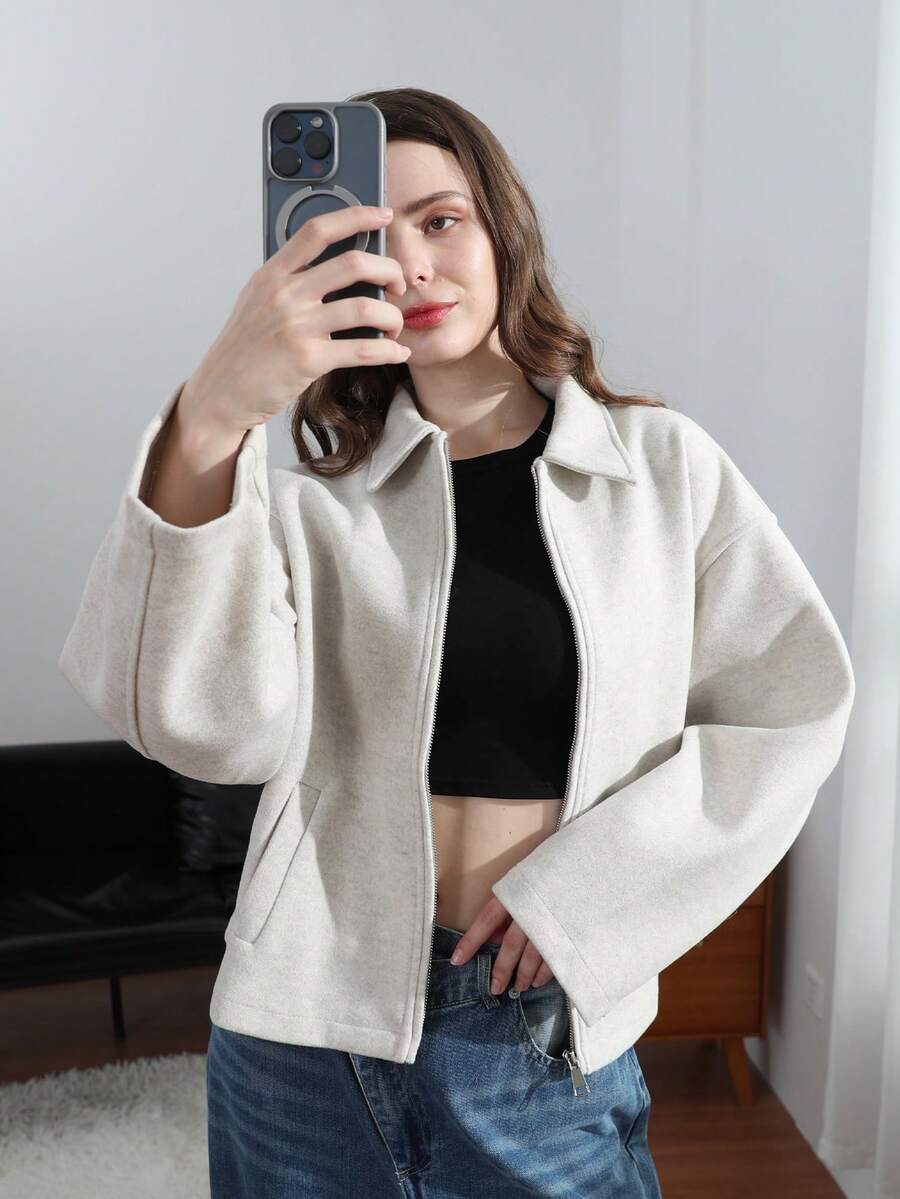 HH 女士秋季时尚复古翻领长袖外套，带口袋，女士休闲百搭长袖外套，白色