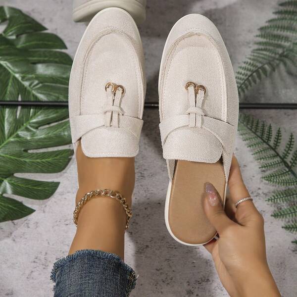 25pcs New European/Middle Eastern/Japanese/East Asian Fashion Comfortable Slip-On Women Mules, Elegant Convenient Flat Women Slides, Backless Slippers, Suitable For Outdoor And Indoor Wear, Fabric Upper, Rubber Anti-Slip Sole, Wholesale And Retail