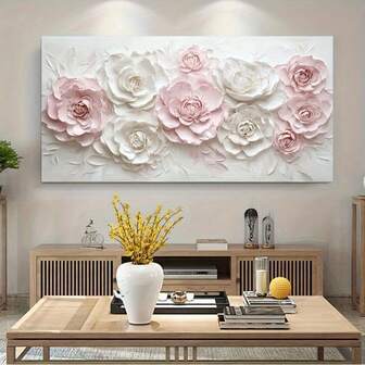 无框现代抽象粉色和白色花卉帆布墙画，玫瑰画适用于客厅和卧室装饰，现代家居装饰，时尚房间装饰，精致细节，美观的房间装饰