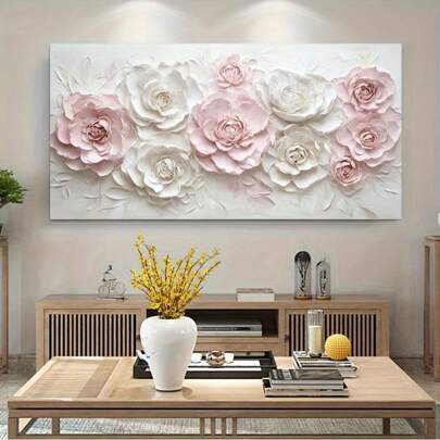 无框现代抽象粉色和白色花卉帆布墙画，玫瑰画适用于客厅和卧室装饰，现代家居装饰，时尚房间装饰，精致细节，美观的房间装饰