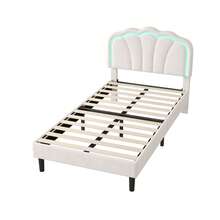 Flieks 3ft Single Upholstered Bed With LED Adjustable Shell Shape Headboard, Soft Velvet Bed Frame With Solid Wood Slat, No Box Spring Needed, Easy Assembly (No Mattress) - White - View 11