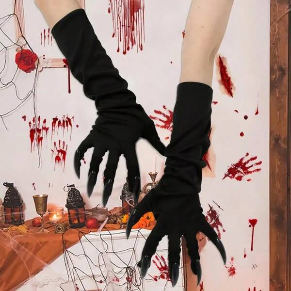 Guantes con garras divertidos de Halloween - Diseño de uñas largas de terror, guantes sin dedos elásticos con acentos rojos, adecuados para cosplay, vestidos de fiesta y actuaciones de miedo - Accesorio de moda de terror negro, ropa de estética aterradora