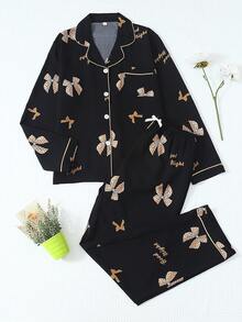 2 piezas/Set Pijama de mujer con estampado de mariposa para otoño/invierno, top de manga larga con botones y cuello de solapa y pantalones largos, ropa de dormir casual - Negro - Ver 1