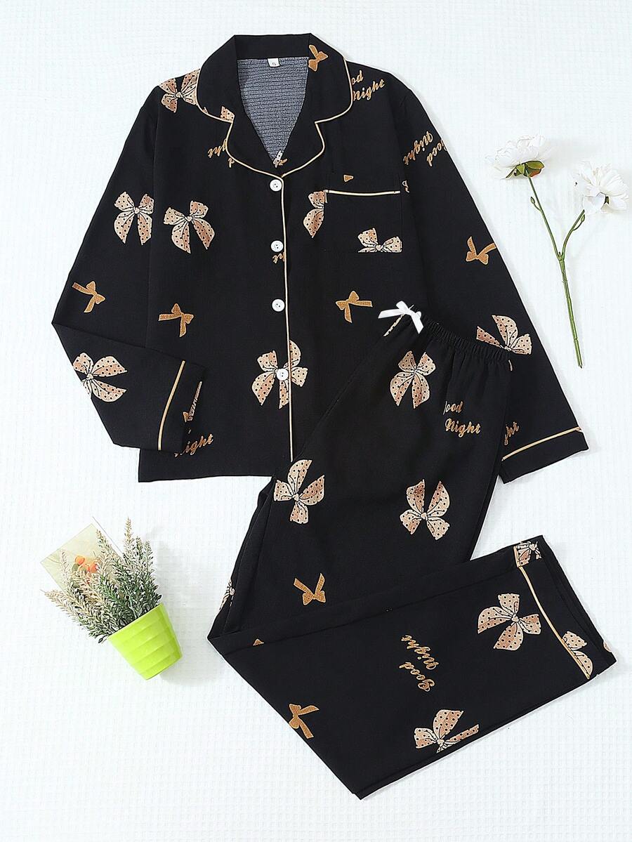 2 piezas/Set Pijama de mujer con estampado de mariposa para otoño/invierno, top de manga larga con botones y cuello de solapa y pantalones largos, ropa de dormir casual - Negro - Ver 1