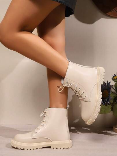 Damen Runde Zehenkappe Einfarbige PU Knöchelstiefel, Mode Neue Schnürung Flache Klobige Absatz Kurze Stiefel, Niedriger Absatz Bequeme Wadenlange Stiefel, Große Größen, Beige