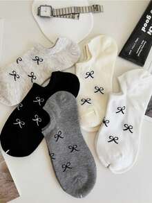 1/5/10 pares de calcetines de mujer con moño, calcetines cortos blancos/negros/grises, calcetines invisibles, unicolor minimalista de moda, adecuados para uso casual diario - Multicolor - Ver 3