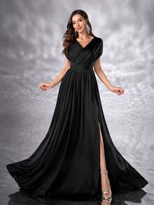 YISIKADO 女士连衣裙优雅缎面 V 领高腰长裙舞会派对女士礼服正式和晚礼服 - 黑色 - 查看 2