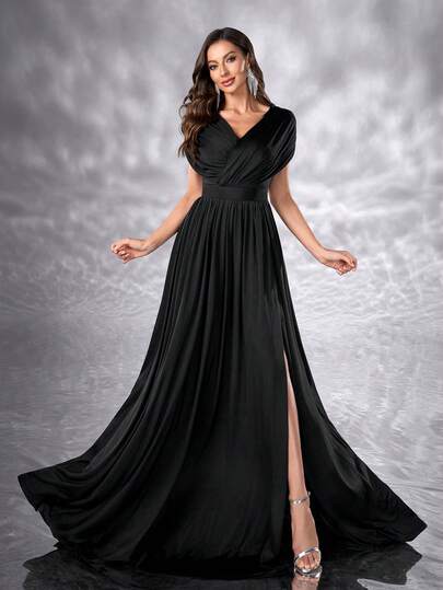 YISIKADO Vestido de mujer elegante de satén con cuello en V y cintura alta, vestido largo para fiesta y eventos formales