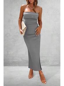 Women's Summer Bodycon Maxi Tube Dress Ribbed Strapless Side Slit Long Going Out Casual Elegant Party DressesHalloween Christmas New Year - 灰色 - 查看 6
